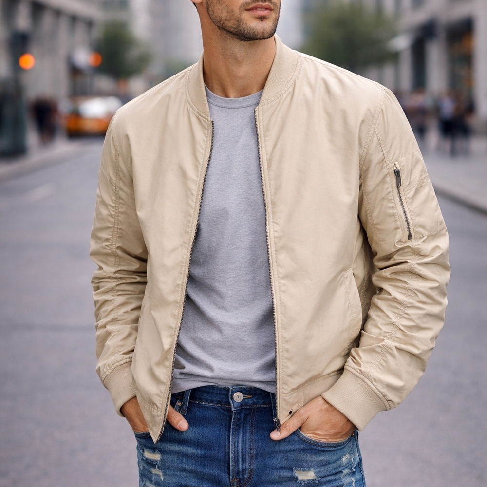 Men's Stone Beige Bomber Jacket - Classic Zip Front